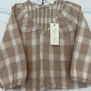 Rylee + Cru Checkered Blouse in Tan and Cream